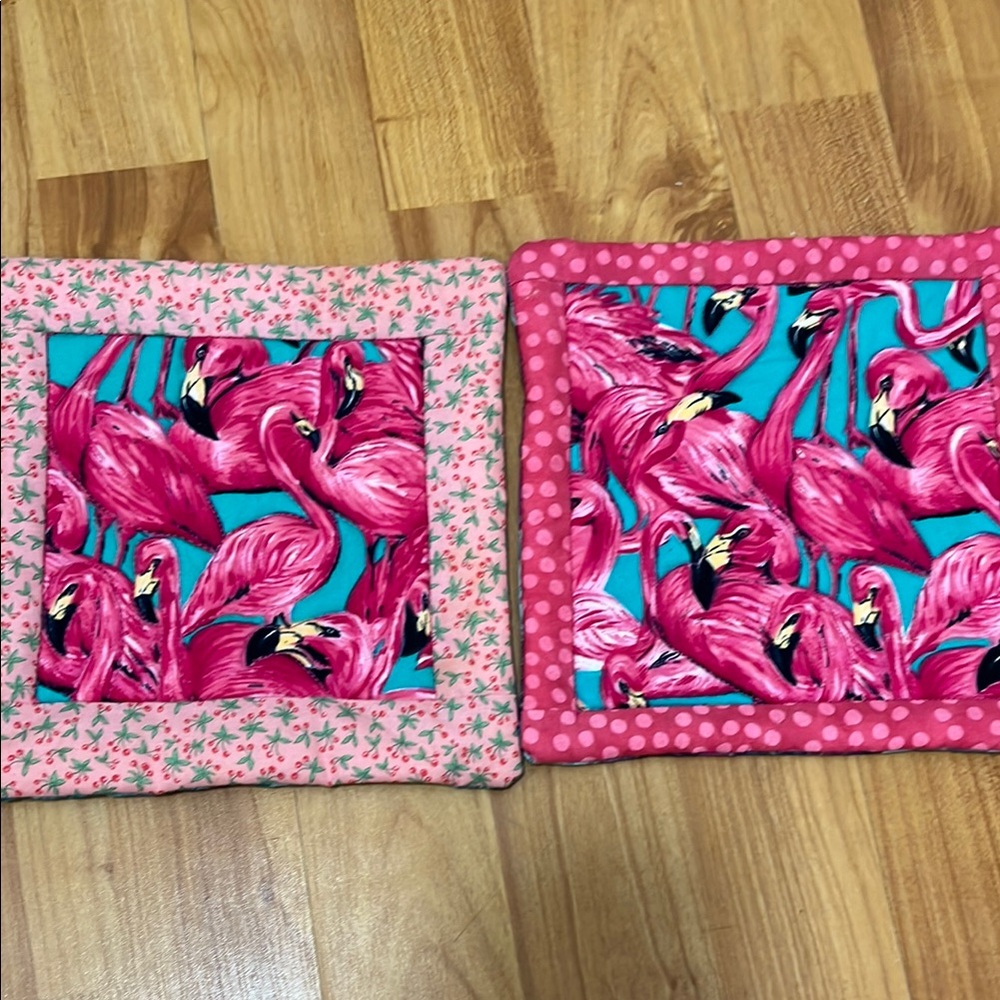Flamingo Print Pot Holders - Pink and Blue brand new never used set of 2